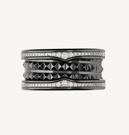 [Lumi Jewelry]ZERO 1 ROCK FOUR-BAND BLACK CERAMIC WITH STUDDED SPIRAL AND PAVED DIAMONDS RING