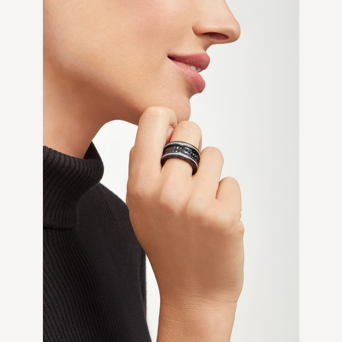 [Lumi Jewelry]ZERO 1 ROCK FOUR-BAND BLACK CERAMIC WITH STUDDED SPIRAL AND PAVED DIAMONDS RING