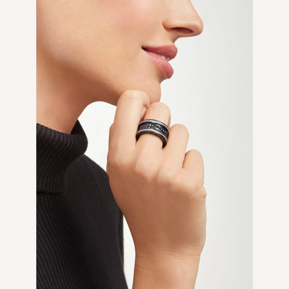 [Lumi Jewelry]ZERO 1 ROCK FOUR-BAND BLACK CERAMIC WITH STUDDED SPIRAL AND PAVED DIAMONDS RING