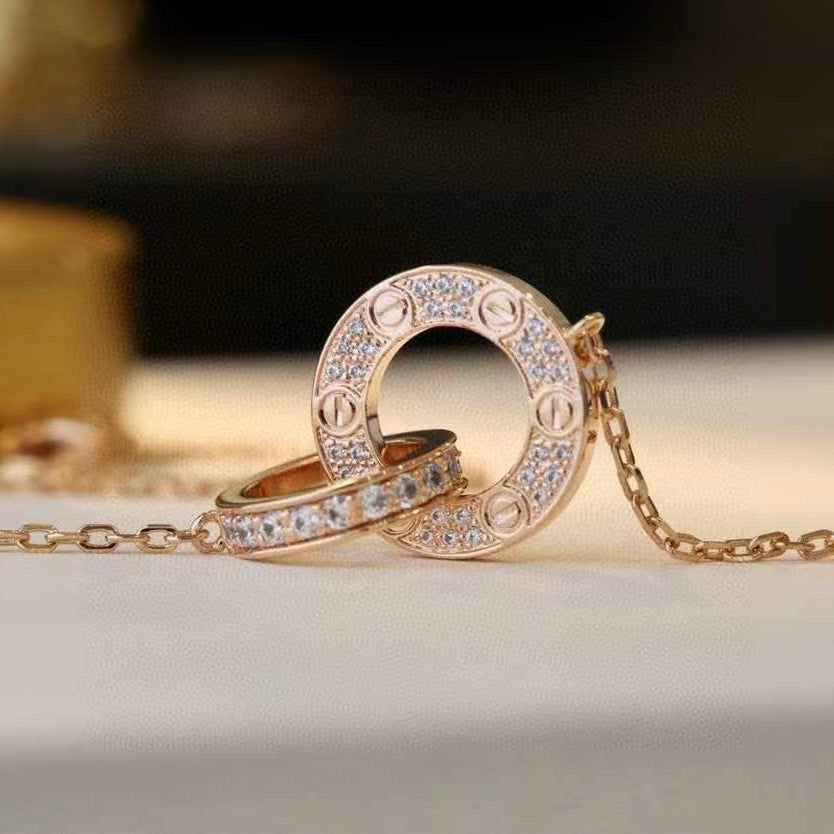 [Lumi Jewelry]LOVE 7.6MM NECKLACE ROSE GOLD AND SILVER  FULL DIAMOND