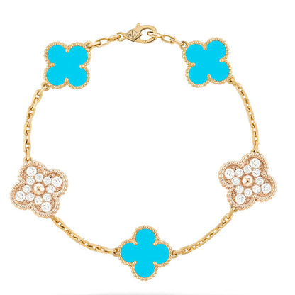 [Lumi Jewelry]CLOVER 5 MOTIF TURQUOISE DIAMOND GOLD BRACELET