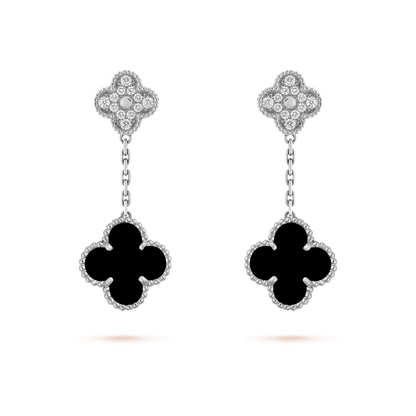 [Lumi Jewelry]CLOVER 2 MOTIFS  DIAMOND ONYX EARRINGS SILVER