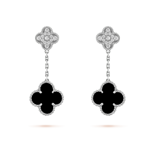 [Lumi Jewelry]CLOVER 2 MOTIFS  DIAMOND ONYX EARRINGS SILVER