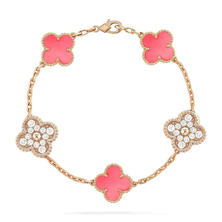[Lumi Jewelry]CLOVER 5 MOTIF DIAMOND PINK MOP PINK GOLD BRACELET