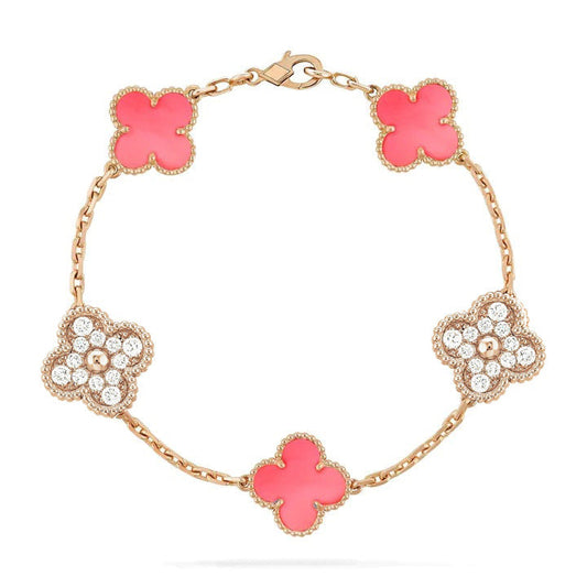 [Lumi Jewelry]CLOVER 5 MOTIF DIAMOND PINK MOP PINK GOLD BRACELET