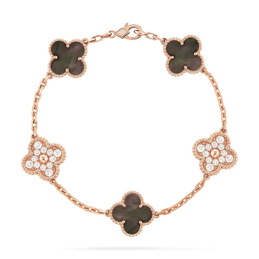 [Lumi Jewelry]CLOVER 5 MOTIFS DARK MOP AND DIAMONDS PINK GOLD BRACELET