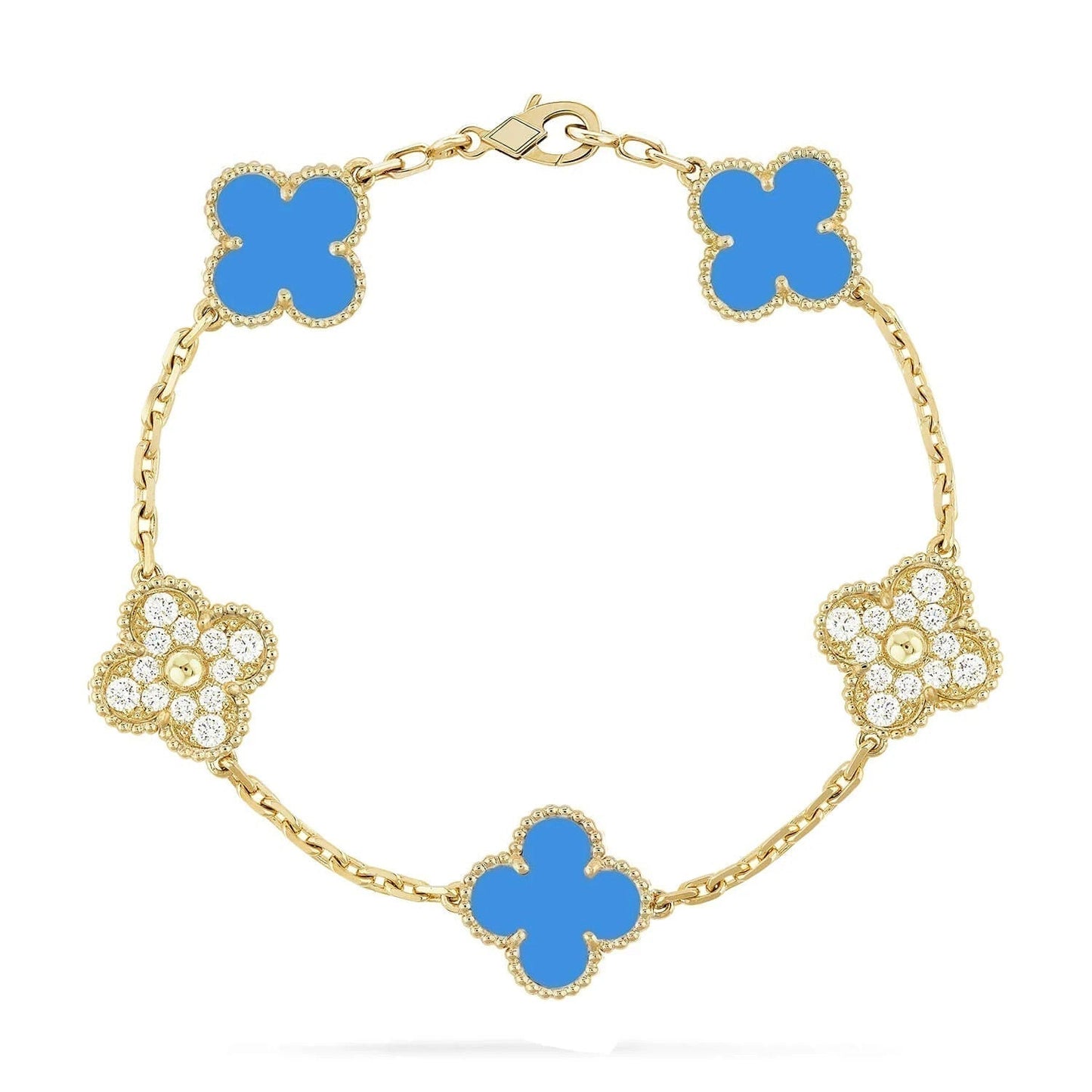 [Lumi Jewelry]CLOVER 5 MOTIF BLUE CHALCEDONY DIAMOND GOLD BRACELET