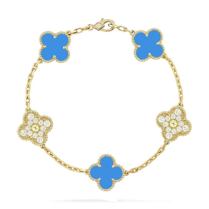 [Lumi Jewelry]CLOVER 5 MOTIF BLUE CHALCEDONY DIAMOND GOLD BRACELET