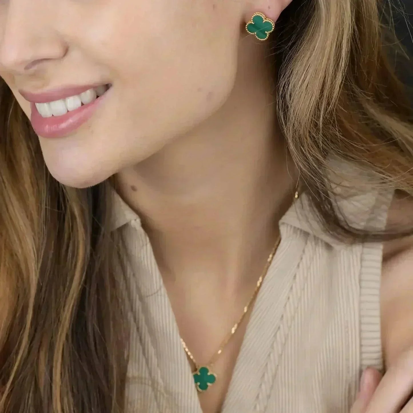 [Lumi Jewelry]CLOVER MINI 9.5MM MALACHITE  EARRINGS