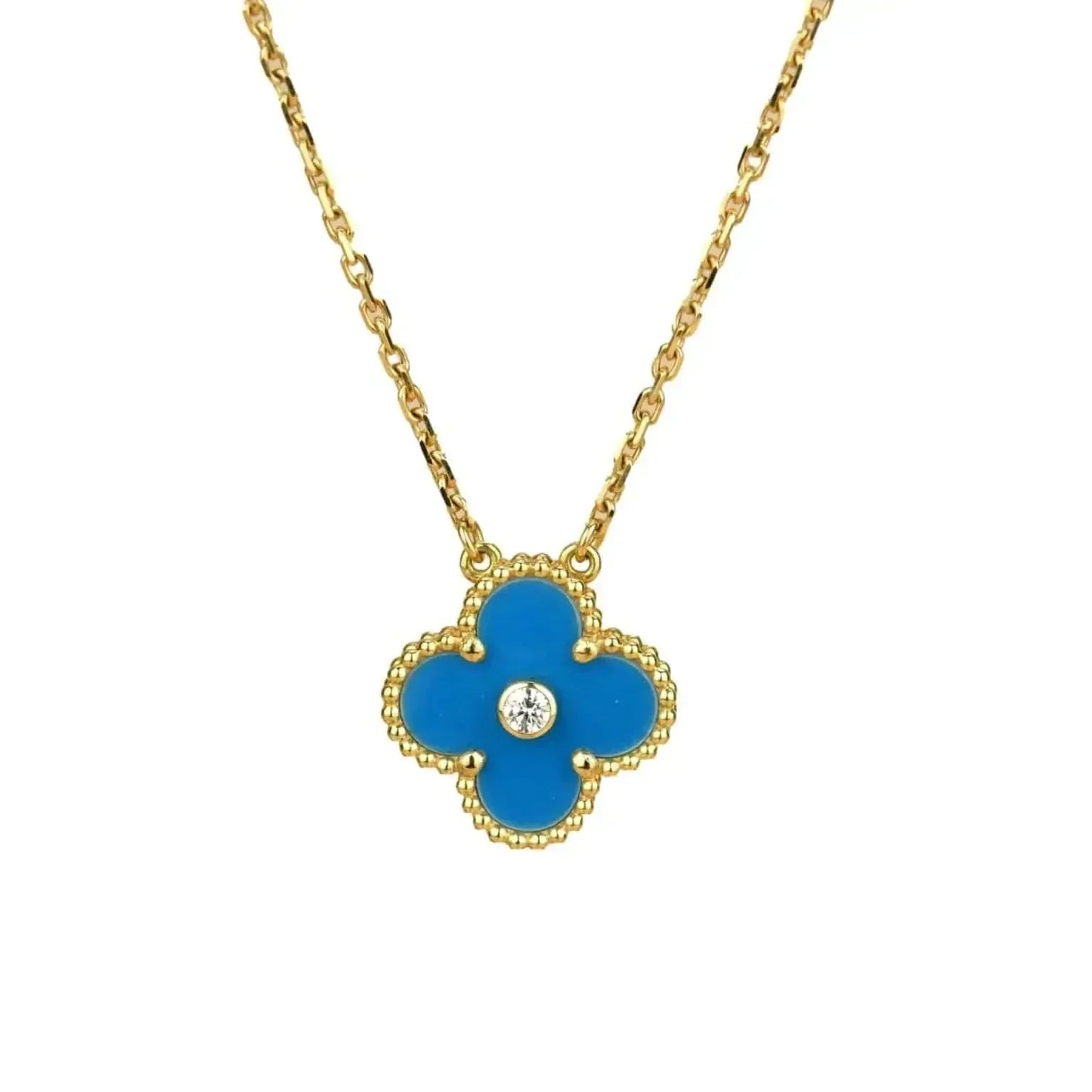 [Lumi Jewelry]CLOVER 15MM DIAMOND AND BLUE AGATE NECKLACE
