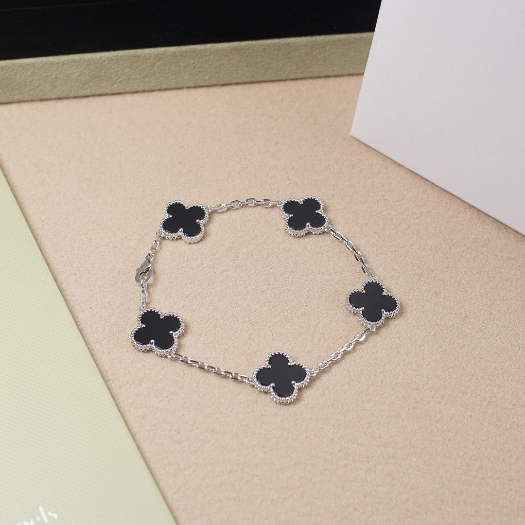 [Lumi Jewelry]CLOVER 5 MOTIF ONYXS  BRACELET SILVER