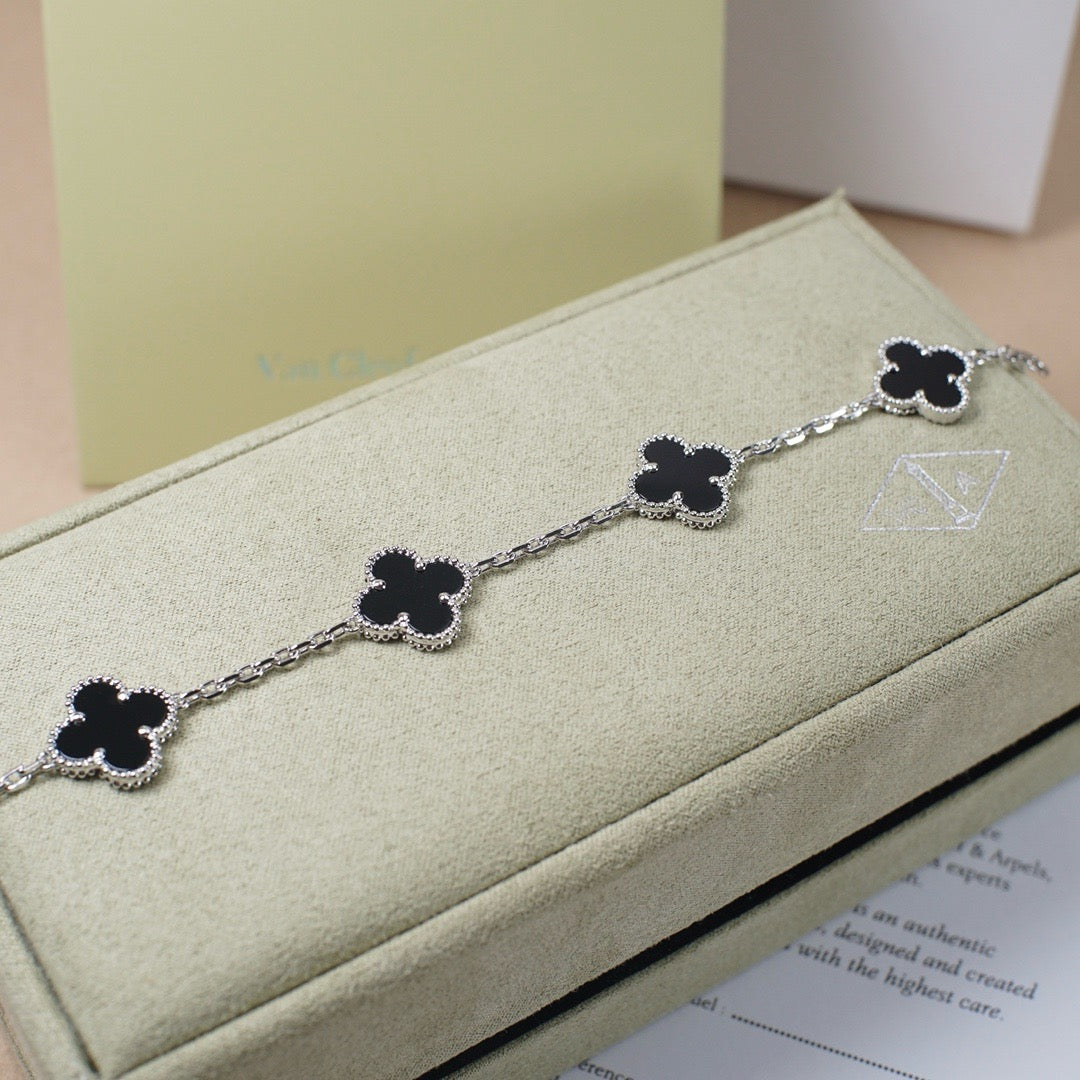 [Lumi Jewelry]CLOVER 5 MOTIF ONYXS  BRACELET SILVER