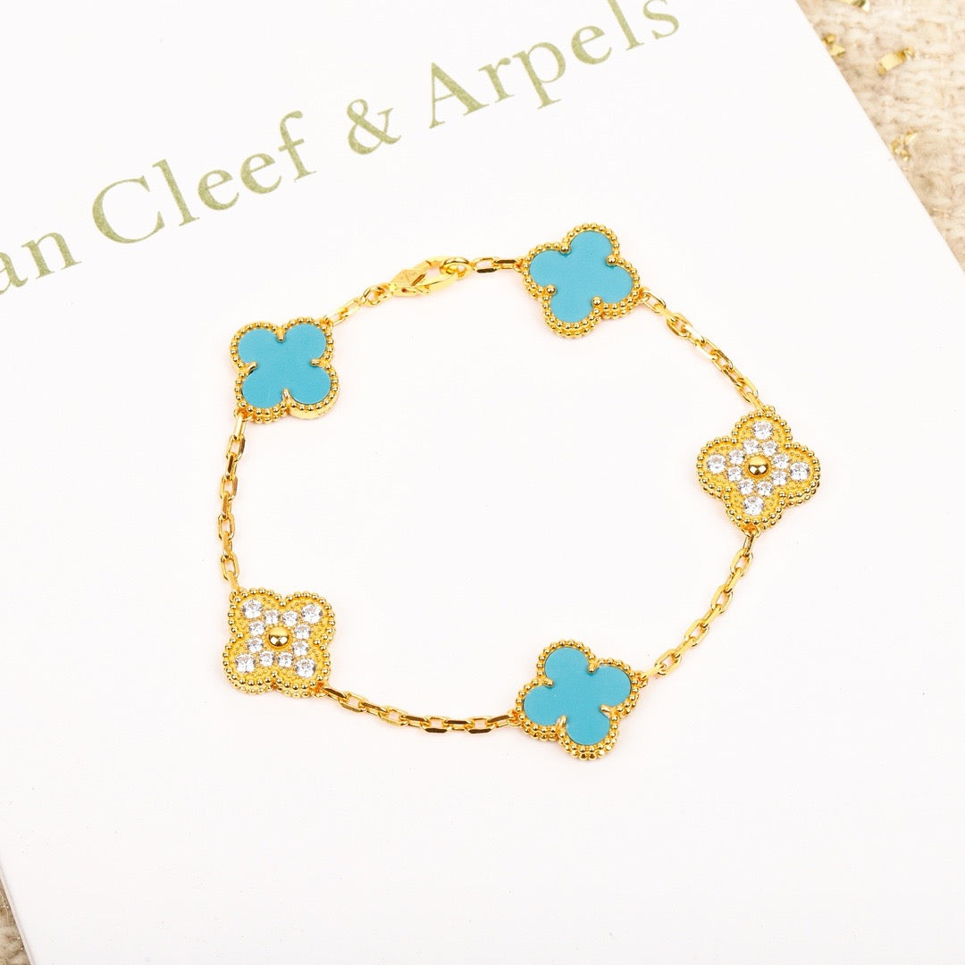 [Lumi Jewelry]CLOVER 5 MOTIF TURQUOISE DIAMOND GOLD BRACELET
