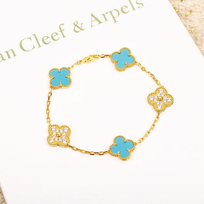 [Lumi Jewelry]CLOVER 5 MOTIF TURQUOISE DIAMOND GOLD BRACELET