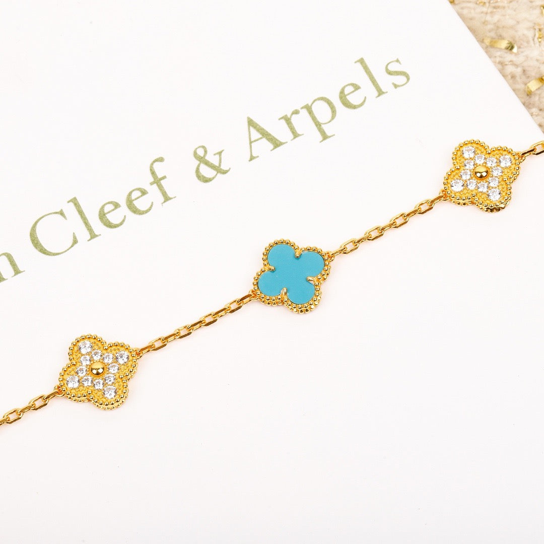 [Lumi Jewelry]CLOVER 5 MOTIF TURQUOISE DIAMOND GOLD BRACELET