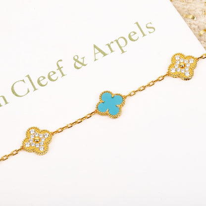 [Lumi Jewelry]CLOVER 5 MOTIF TURQUOISE DIAMOND GOLD BRACELET