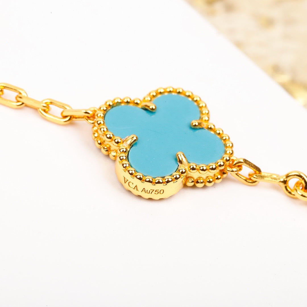 [Lumi Jewelry]CLOVER 5 MOTIF TURQUOISE DIAMOND GOLD BRACELET