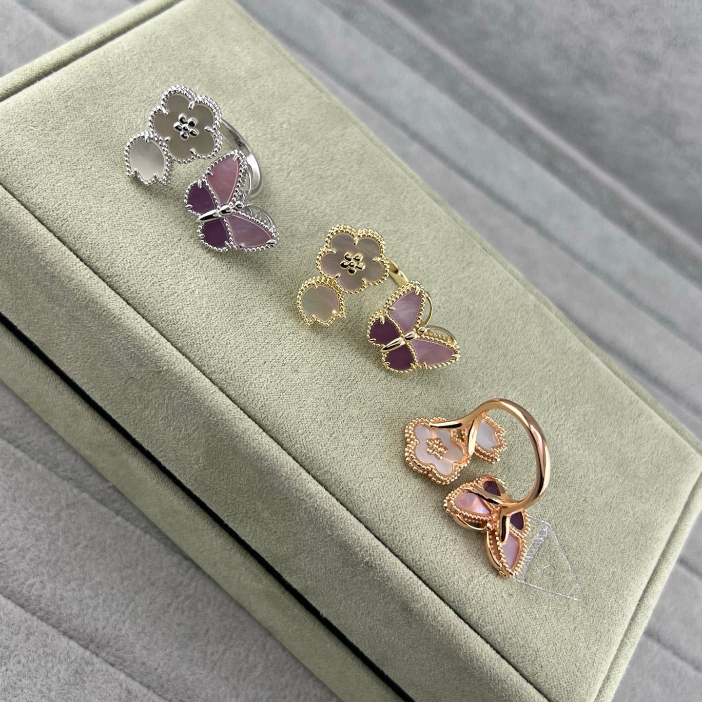 [Lumi Jewellery]Purple Mother-of-Pearl Butterfly & Flower Open Ring