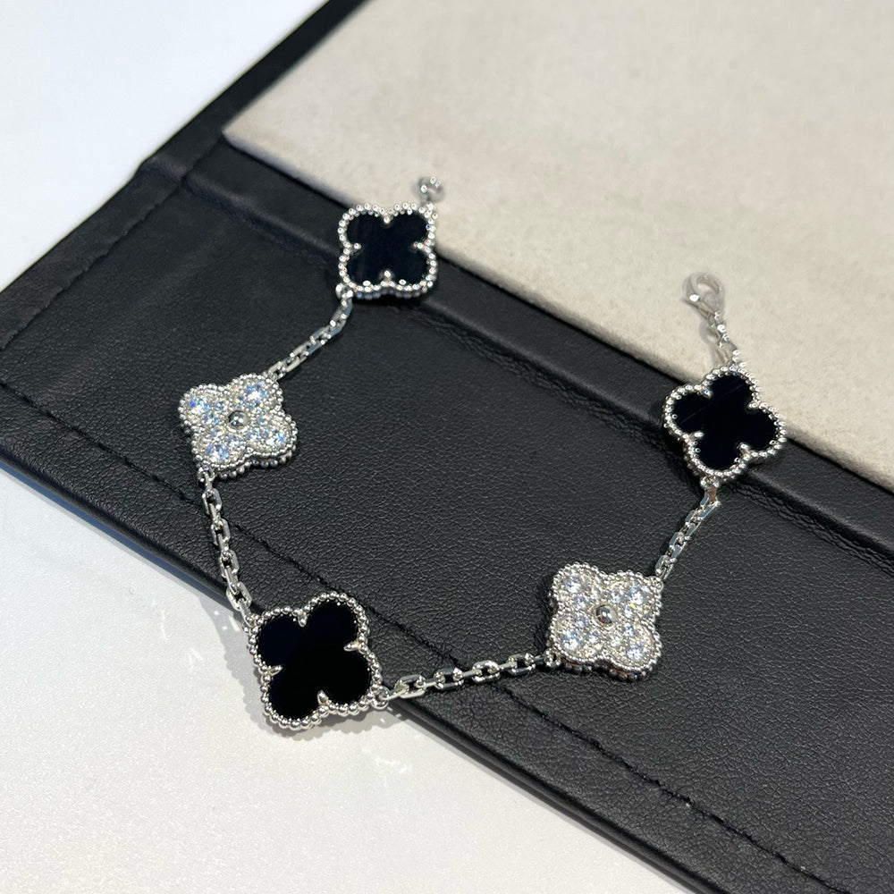 [Lumi Jewelry]CLOVER 5 MOTIF ONYXS DIAMOND BRACELET SILVER