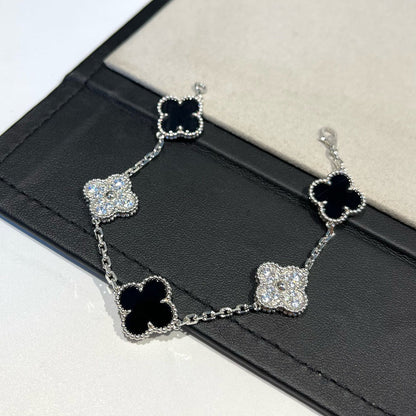 [Lumi Jewelry]CLOVER 5 MOTIF ONYXS DIAMOND BRACELET SILVER