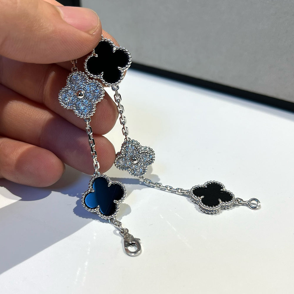 [Lumi Jewelry]CLOVER 5 MOTIF ONYXS DIAMOND BRACELET SILVER