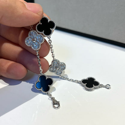[Lumi Jewelry]CLOVER 5 MOTIF ONYXS DIAMOND BRACELET SILVER
