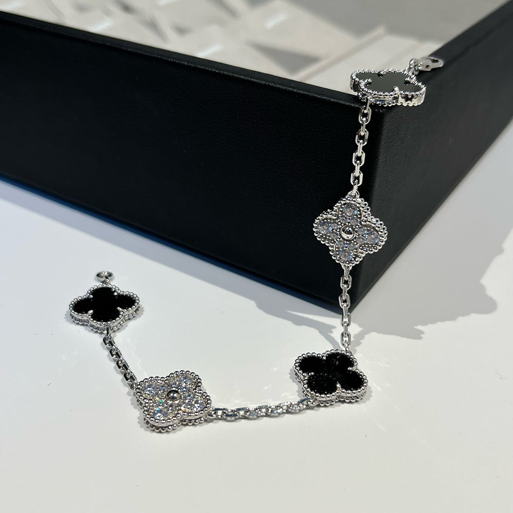 [Lumi Jewelry]CLOVER 5 MOTIF ONYXS DIAMOND BRACELET SILVER