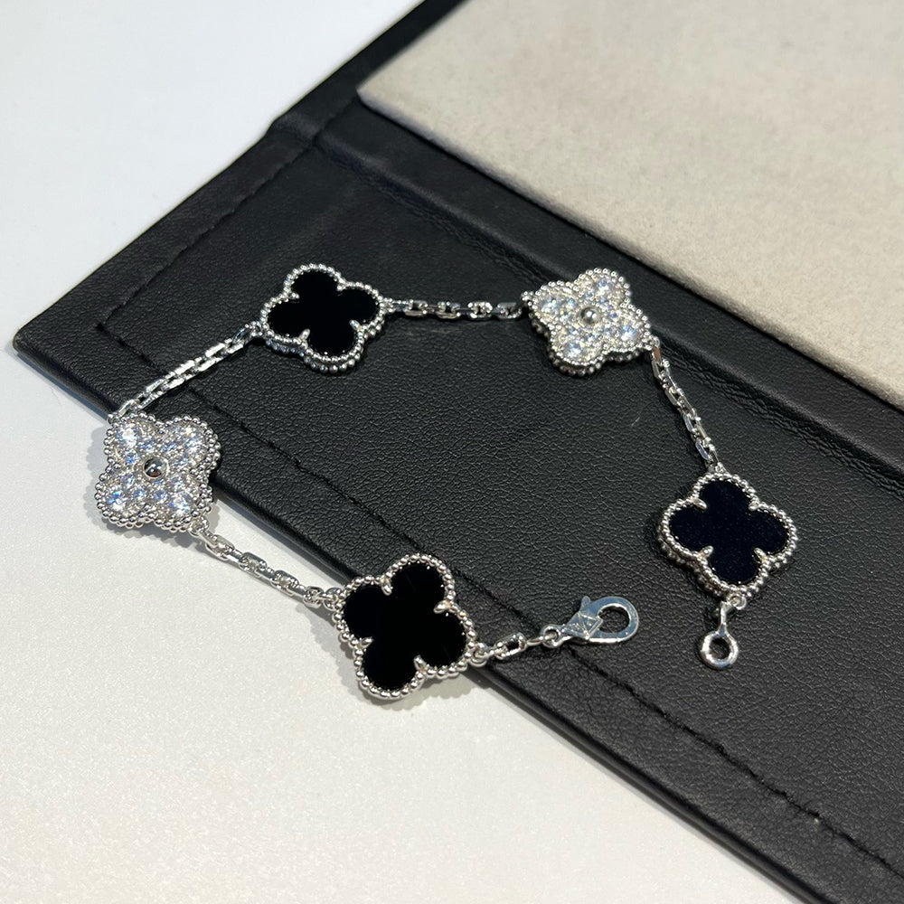 [Lumi Jewelry]CLOVER 5 MOTIF ONYXS DIAMOND BRACELET SILVER