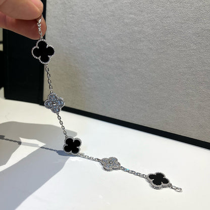 [Lumi Jewelry]CLOVER 5 MOTIF ONYXS DIAMOND BRACELET SILVER