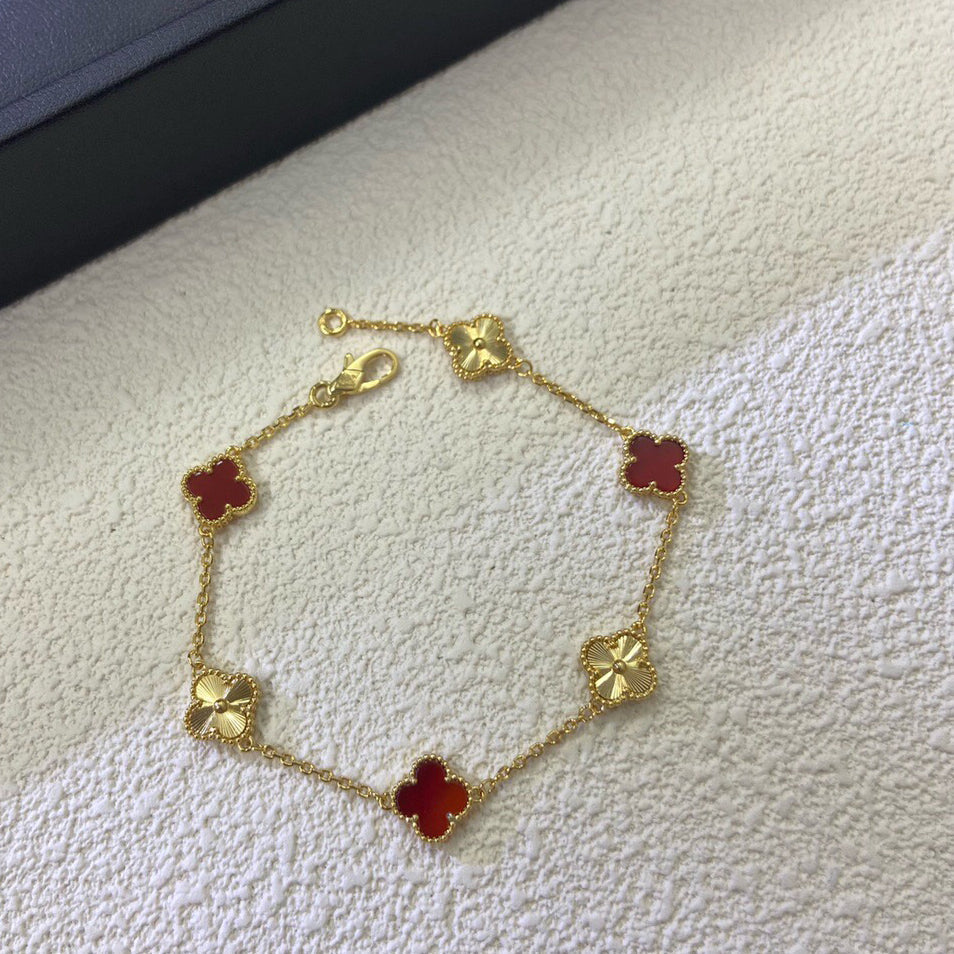 [Lumi Jewelry]CLOVER 6 MOTIF RED AGATE LASER BRACELET