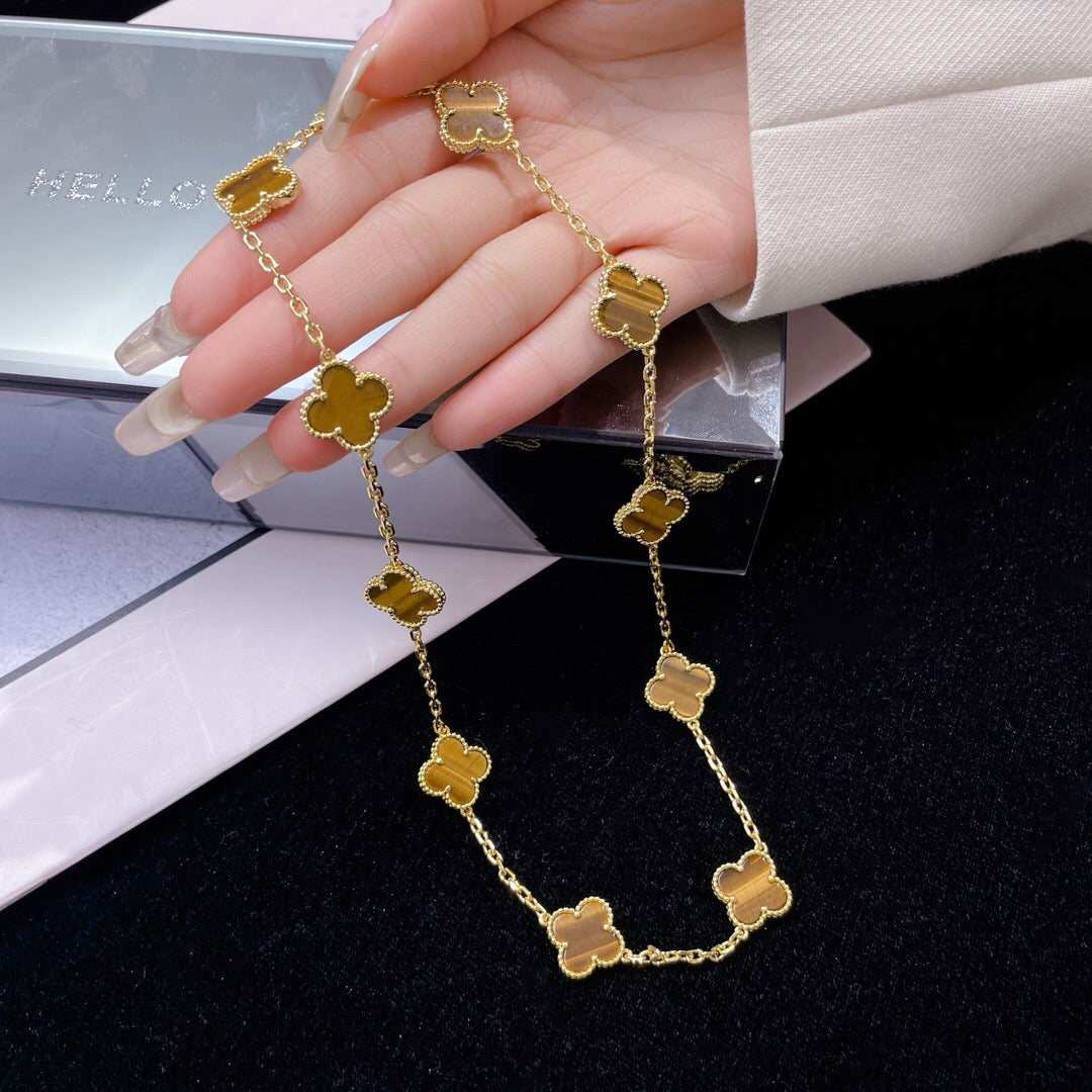 [Lumi Jewelry]CLOVERS THE 10-MOTIFS TIGER EYE NECKLACE