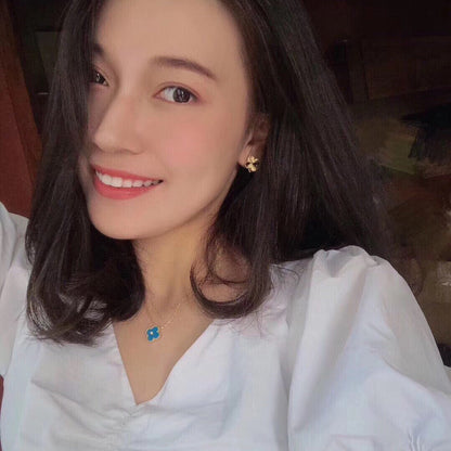 [Lumi Jewelry]CLOVER 15MM DIAMOND AND BLUE AGATE NECKLACE