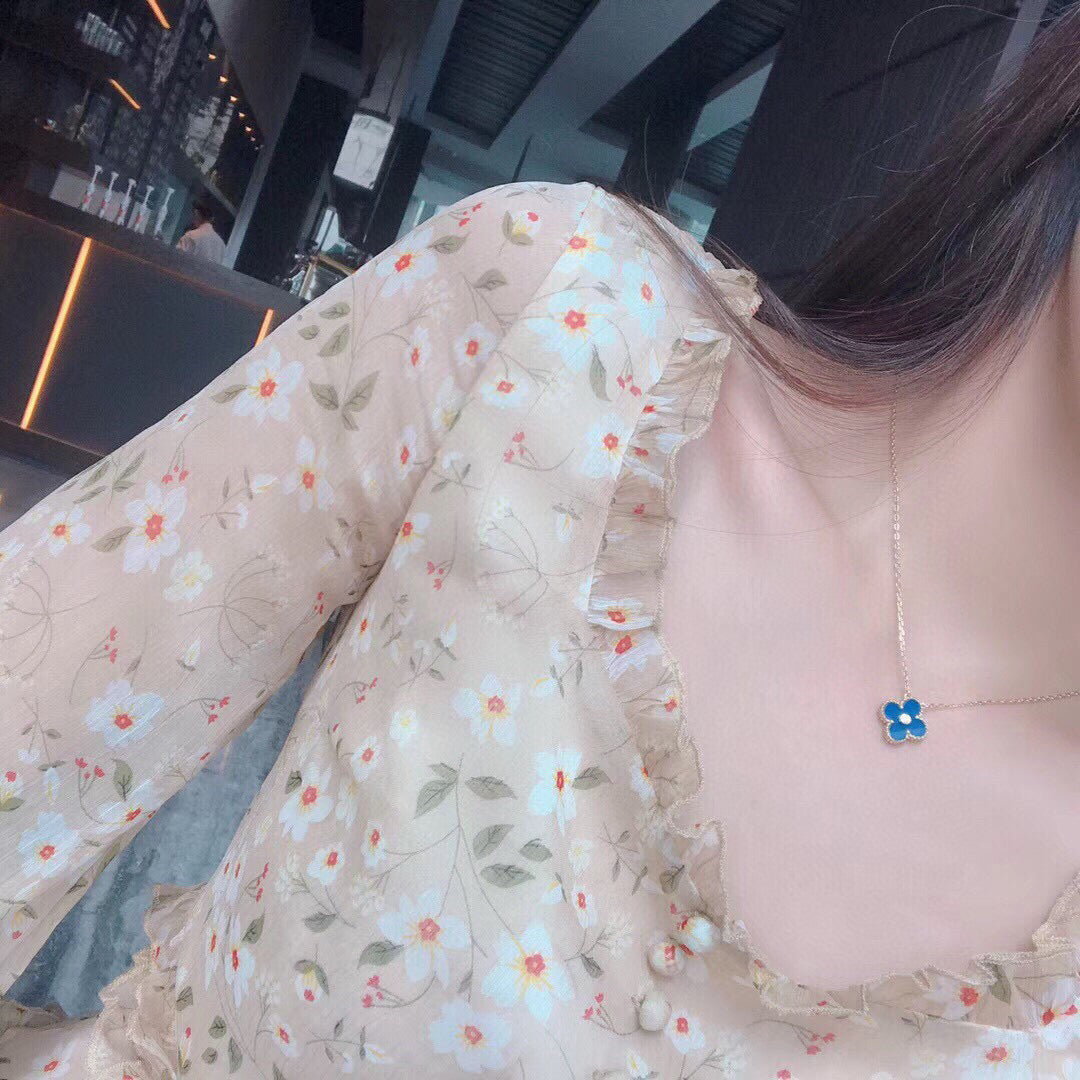 [Lumi Jewelry]CLOVER 15MM DIAMOND AND BLUE AGATE NECKLACE