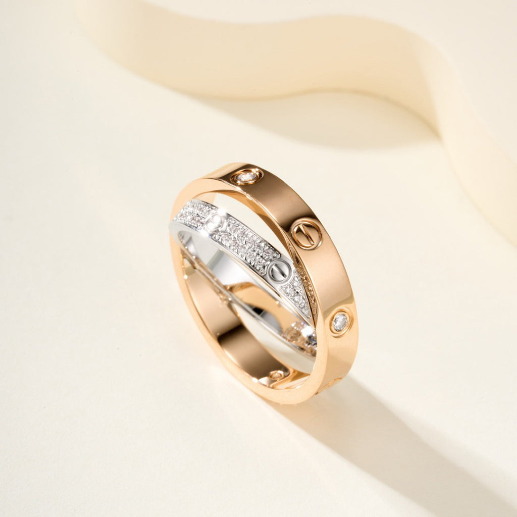 [Lumi Jewelry]LOVE PINK GOLD SILVER DIAMOND DOUBLE RING