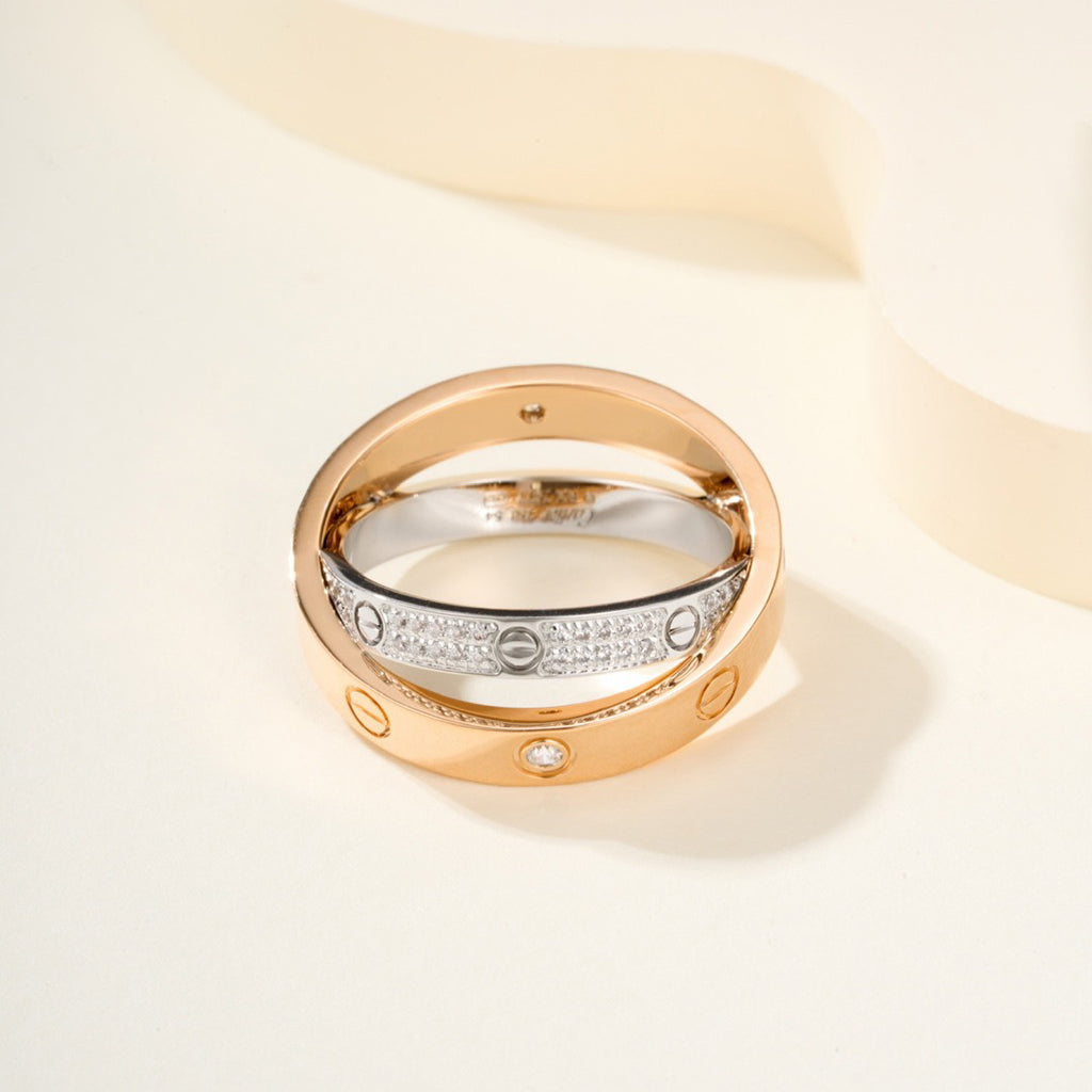 [Lumi Jewelry]LOVE PINK GOLD SILVER DIAMOND DOUBLE RING