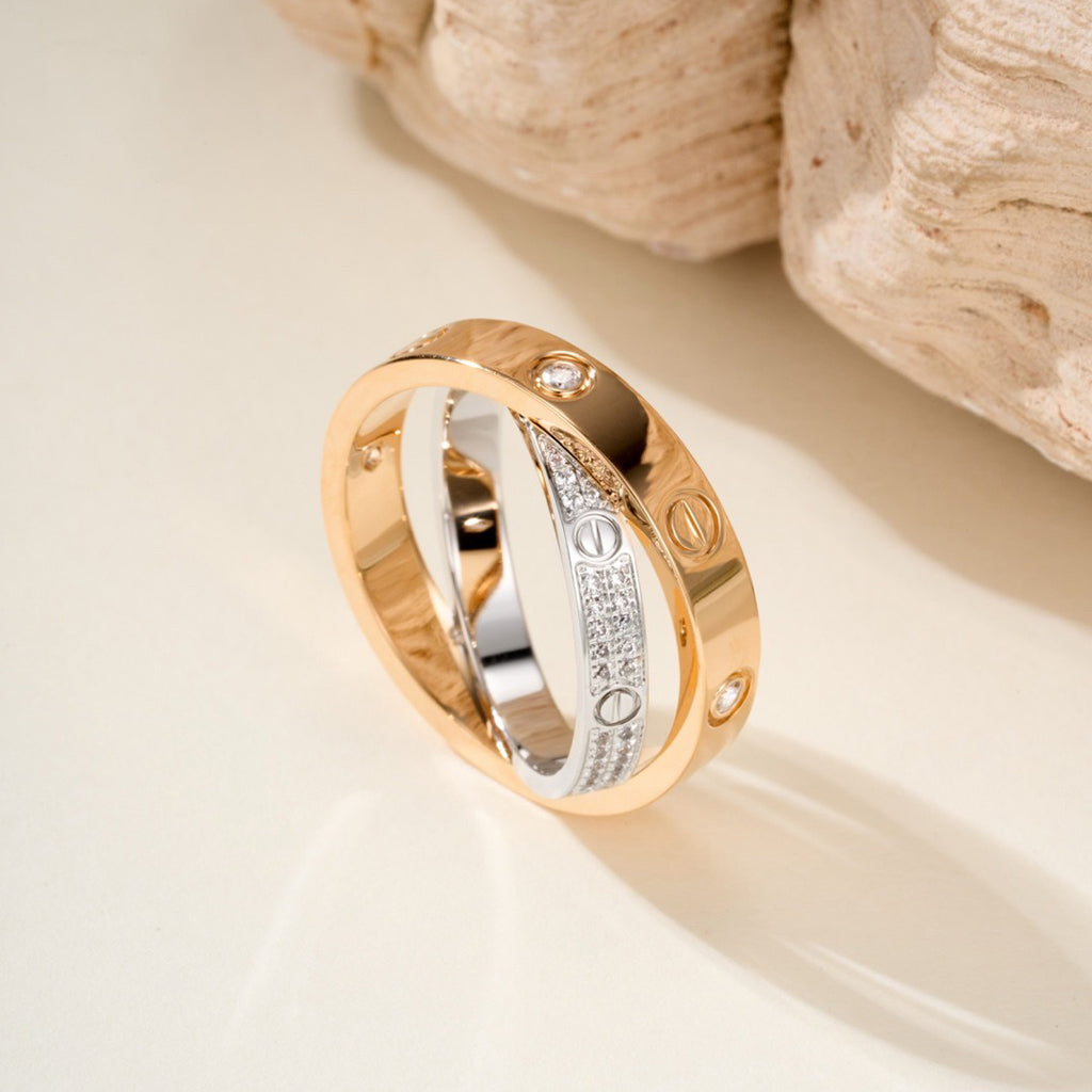 [Lumi Jewelry]LOVE PINK GOLD SILVER DIAMOND DOUBLE RING