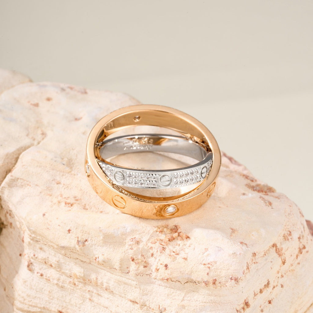 [Lumi Jewelry]LOVE PINK GOLD SILVER DIAMOND DOUBLE RING