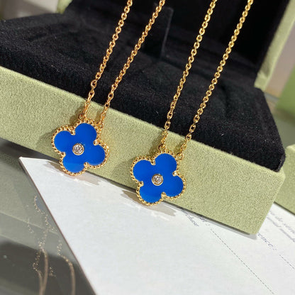 [Lumi Jewelry]CLOVER 15MM DIAMOND AND BLUE AGATE NECKLACE