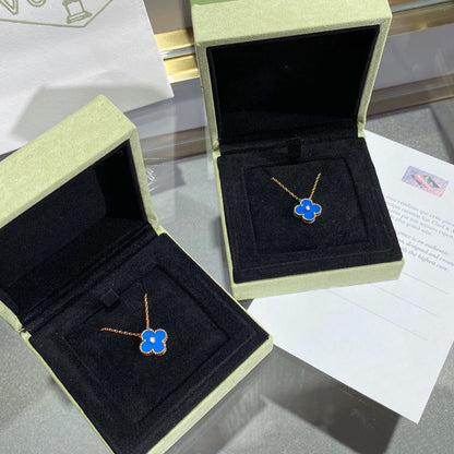 [Lumi Jewelry]CLOVER 15MM DIAMOND AND BLUE AGATE NECKLACE