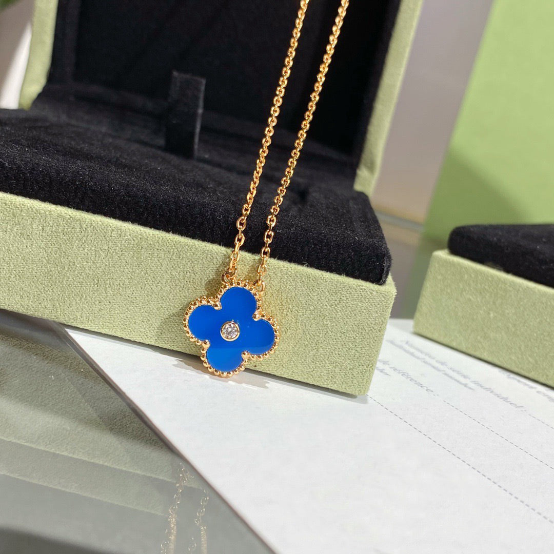 [Lumi Jewelry]CLOVER 15MM DIAMOND AND BLUE AGATE NECKLACE