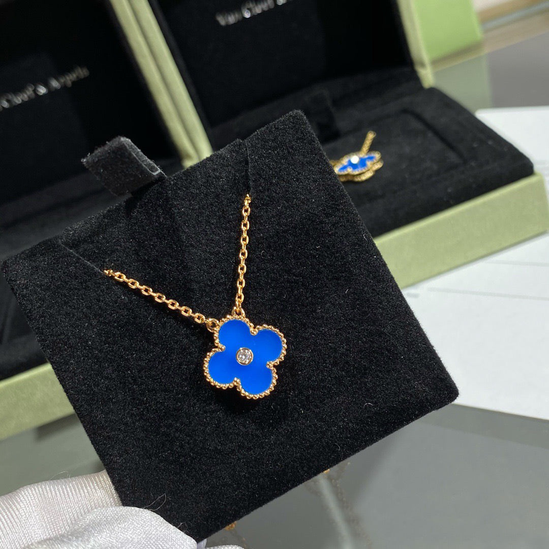 [Lumi Jewelry]CLOVER 15MM DIAMOND AND BLUE AGATE NECKLACE