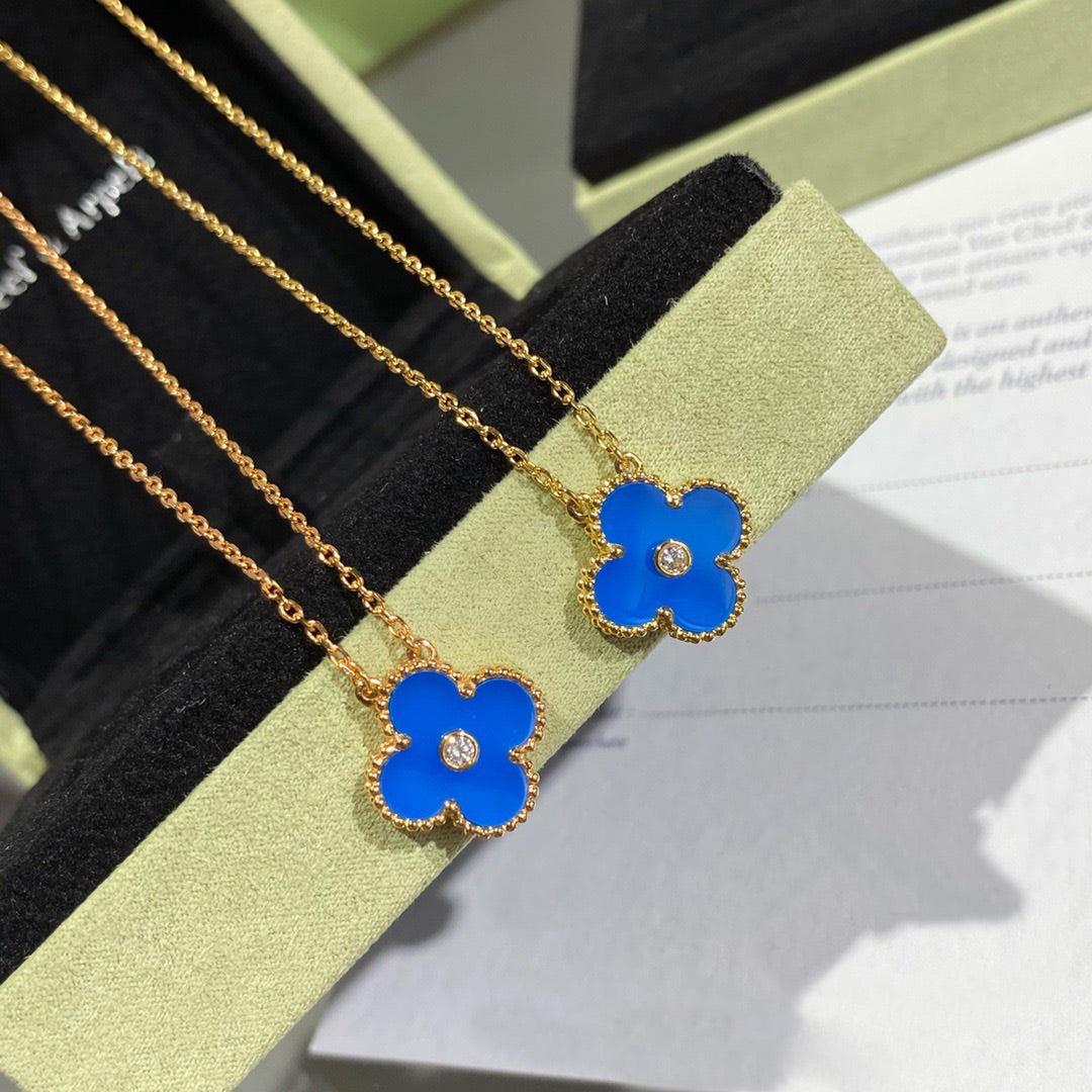 [Lumi Jewelry]CLOVER 15MM DIAMOND AND BLUE AGATE NECKLACE