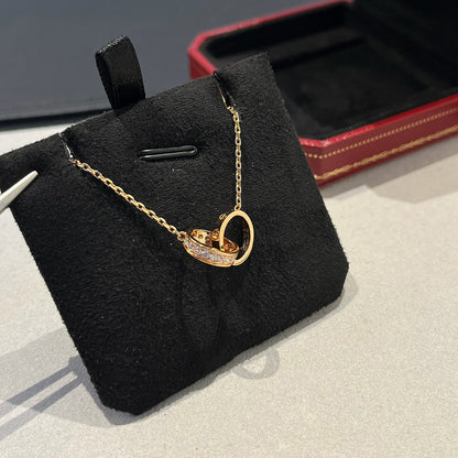 [Lumi Jewelry]LOVE DOUBLE RING HALF DIAMOND NECKLACE