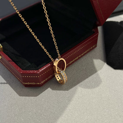 [Lumi Jewelry]LOVE DOUBLE RING HALF DIAMOND NECKLACE