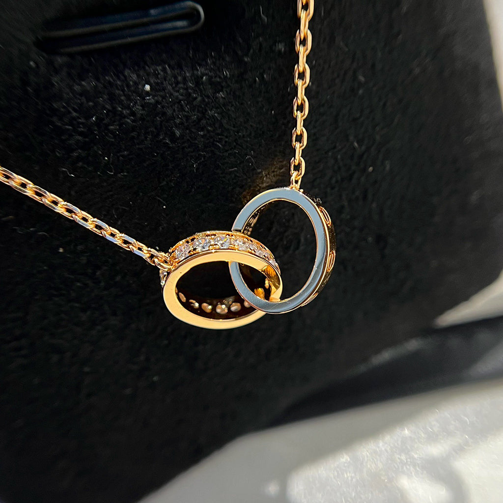 [Lumi Jewelry]LOVE DOUBLE RING HALF DIAMOND NECKLACE