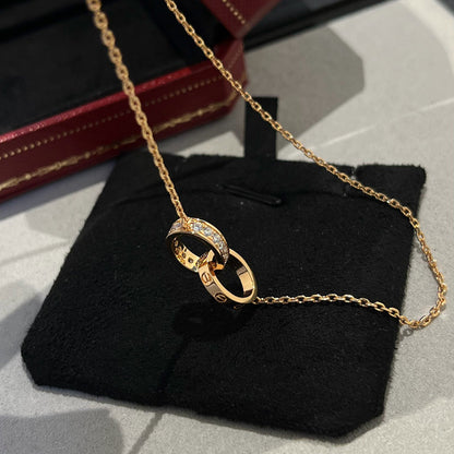 [Lumi Jewelry]LOVE DOUBLE RING HALF DIAMOND NECKLACE