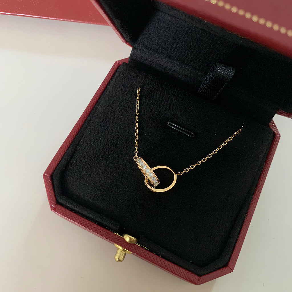 [Lumi Jewelry]LOVE DOUBLE RING HALF DIAMOND NECKLACE