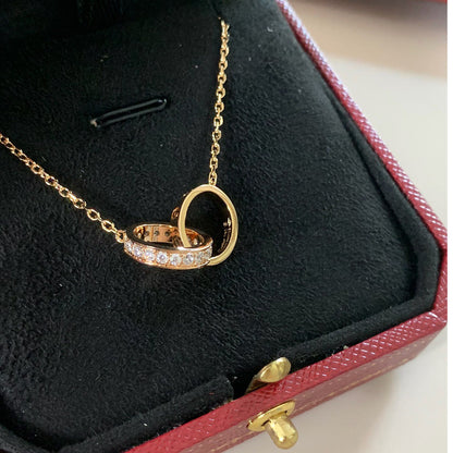[Lumi Jewelry]LOVE DOUBLE RING HALF DIAMOND NECKLACE