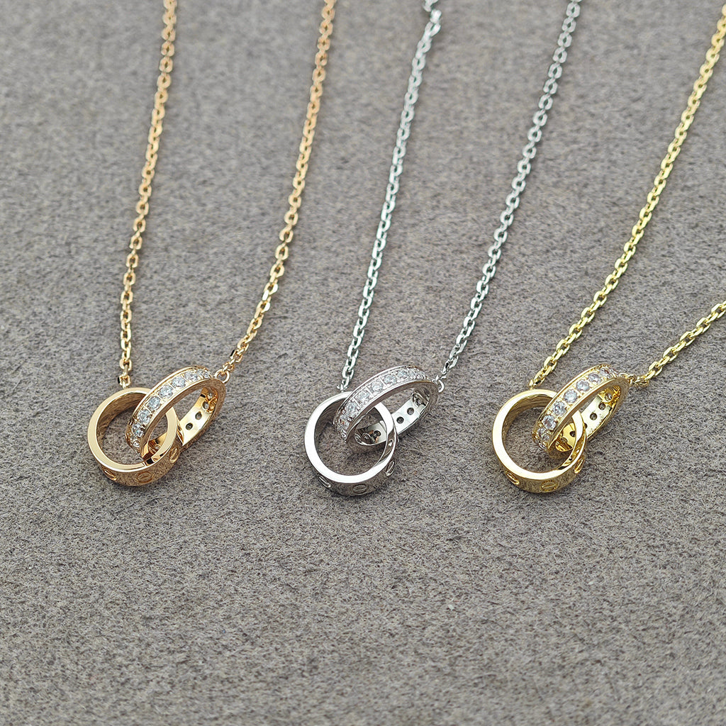 [Lumi Jewelry]LOVE DOUBLE RING HALF DIAMOND NECKLACE