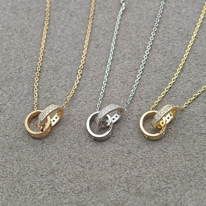 [Lumi Jewelry]LOVE DOUBLE RING HALF DIAMOND NECKLACE